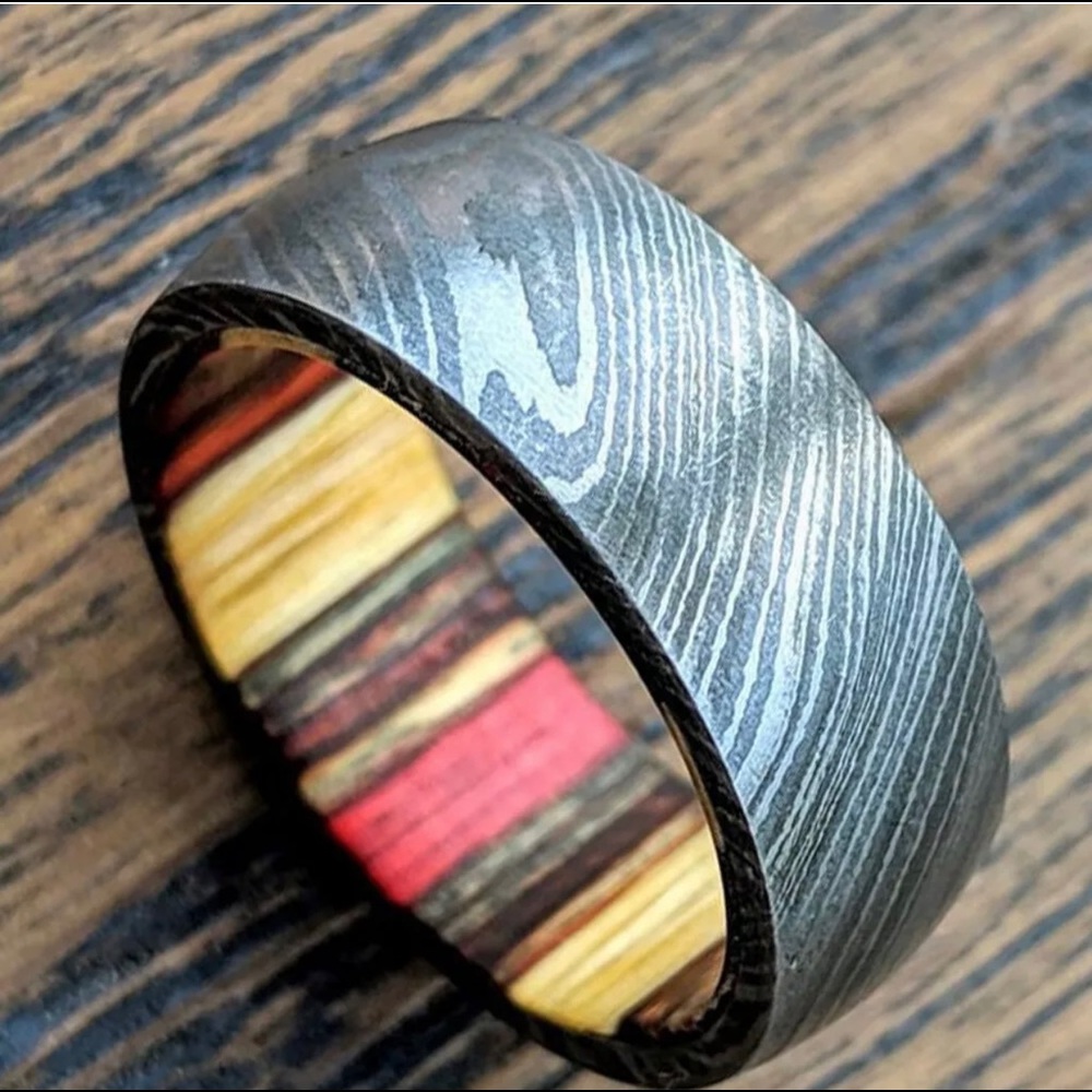 Damascus Steel Ring with Wood Inlay. Wedding band